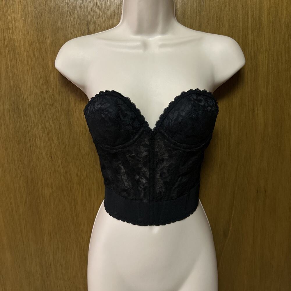 ILGWU Vtg ADONNA 34A Corset Bustier Low Back Lace Underwire JC Penney Black G26